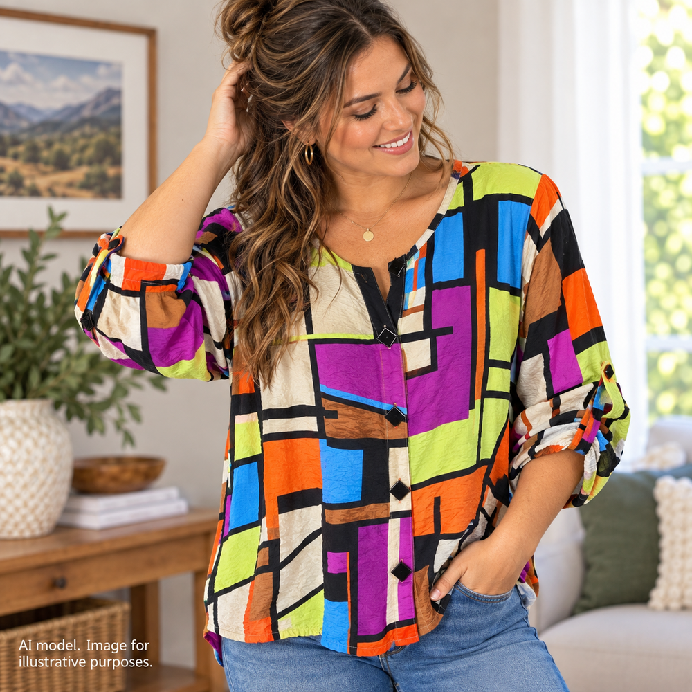 Ali Miles Shirt Women Small Tan Colorful Abstract Picasso Stainglass Art to Wear